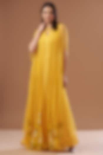 Yellow Tulle & Georgette Hand Embroidered Jacket Party Wear Dress by Not So Serious by Pallavi Mohan at Pernia's Pop Up Shop