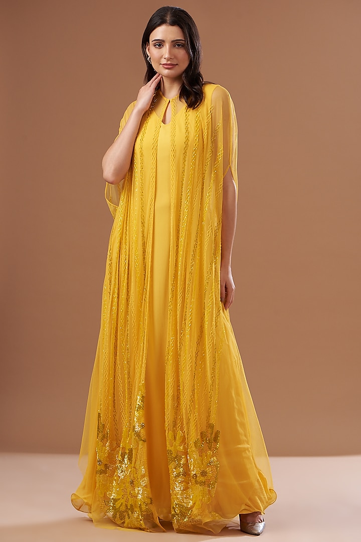 Yellow Tulle & Georgette Hand Embroidered Jacket Party Wear Dress by Not So Serious by Pallavi Mohan at Pernia's Pop Up Shop