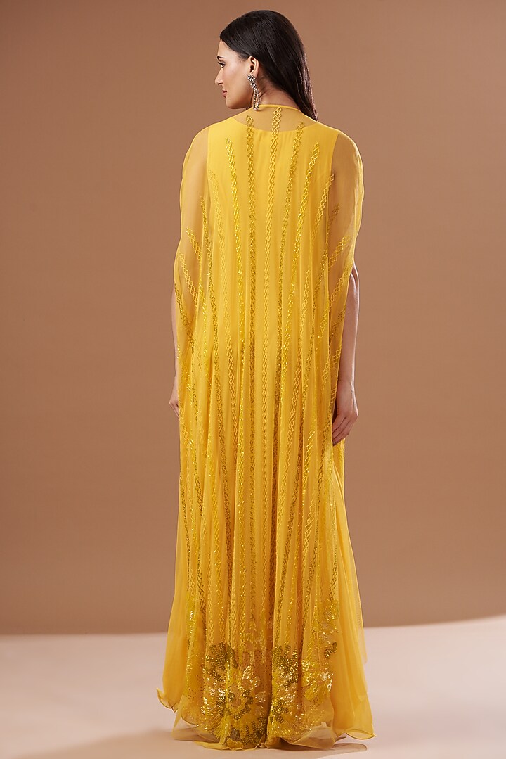 Yellow Tulle & Georgette Hand Embroidered Jacket Party Wear Dress by Not So Serious by Pallavi Mohan at Pernia's Pop Up Shop