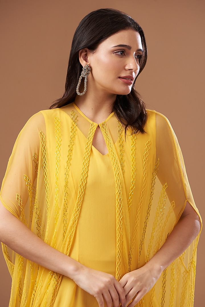 Yellow Tulle & Georgette Hand Embroidered Jacket Party Wear Dress by Not So Serious by Pallavi Mohan at Pernia's Pop Up Shop