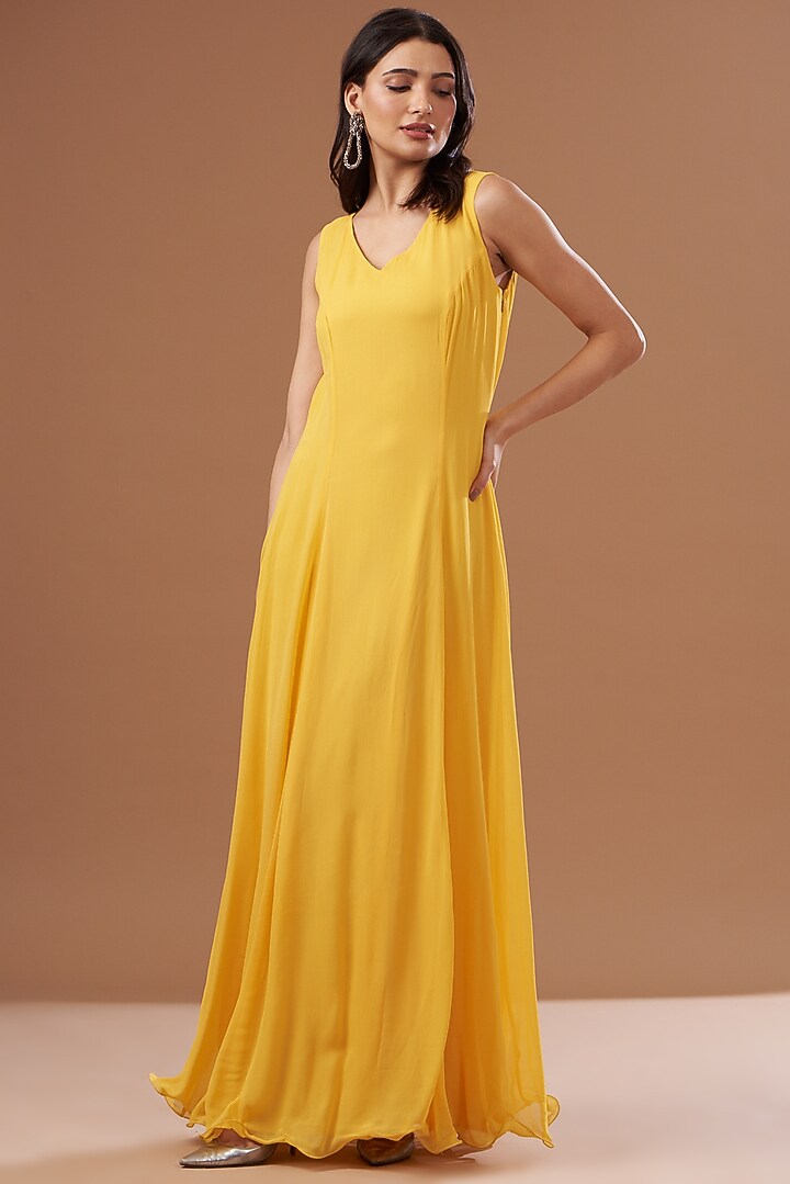Yellow Tulle & Georgette Hand Embroidered Jacket Party Wear Dress by Not So Serious by Pallavi Mohan at Pernia's Pop Up Shop