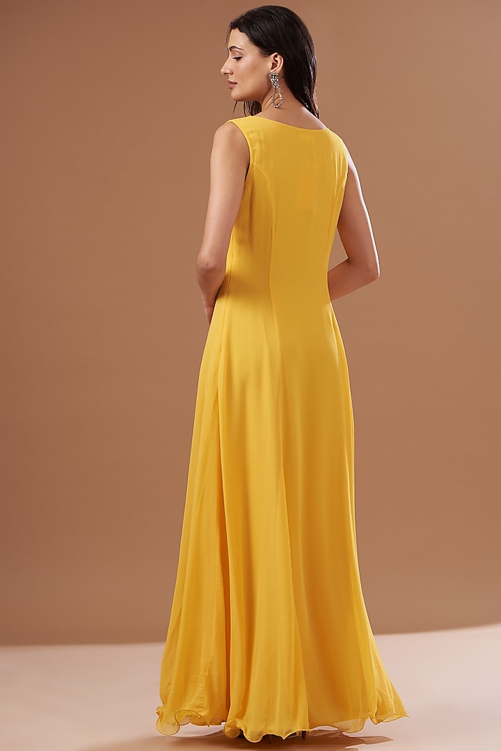 Yellow Tulle & Georgette Hand Embroidered Jacket Party Wear Dress by Not So Serious by Pallavi Mohan at Pernia's Pop Up Shop