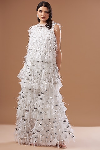 Ivory Tulle & Crepe Embellished Layered Dress by Not So Serious by Pallavi Mohan