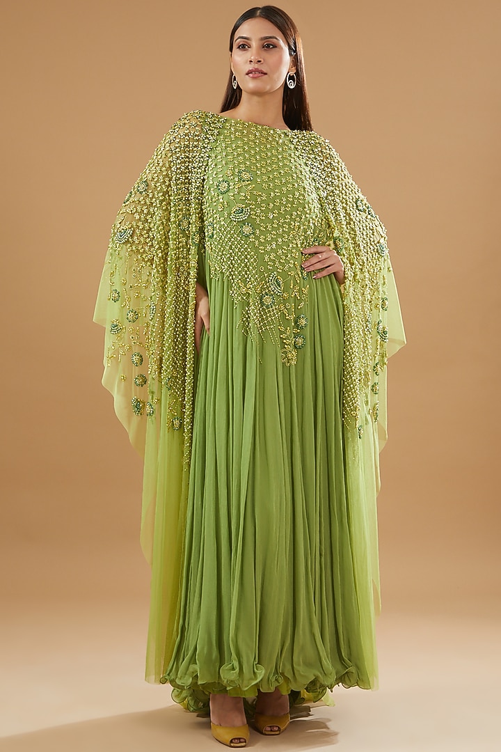 Green Tulle & Chiffon Embellished Maxi Party Wear Dress by Not So Serious by Pallavi Mohan at Pernia's Pop Up Shop