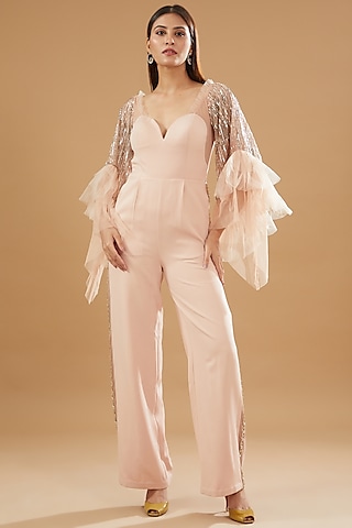 Blush Pink Tulle & Crepe Embroidered Jumpsuit by Not So Serious by Pallavi Mohan