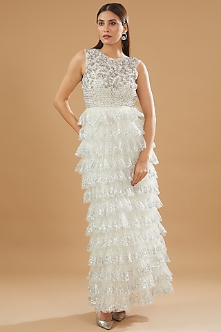 Ivory Tulle & Crepe Embellished Maxi Dress by Not So Serious by Pallavi Mohan