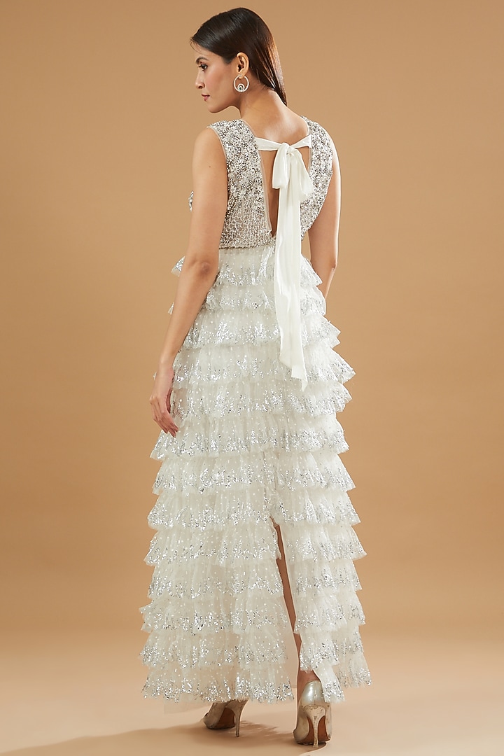 Ivory Tulle & Crepe Embellished Maxi Party Wear Dress by Not So Serious by Pallavi Mohan at Pernia's Pop Up Shop