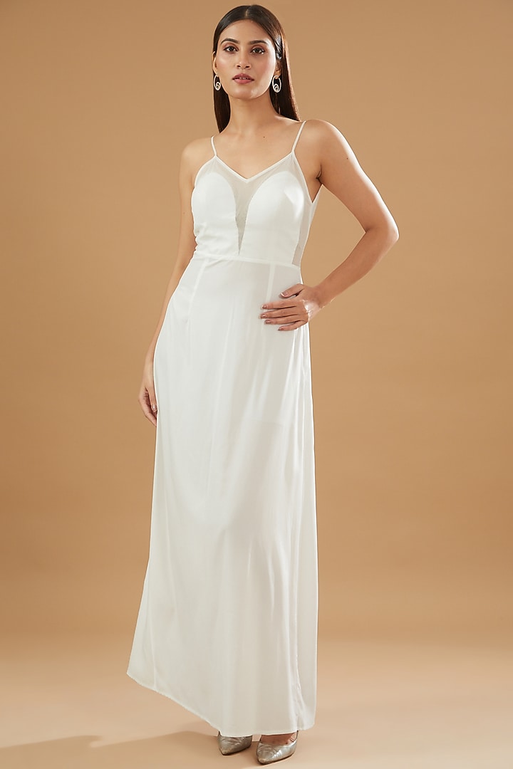 Ivory Tulle & Crepe Embellished Maxi Party Wear Dress by Not So Serious by Pallavi Mohan at Pernia's Pop Up Shop