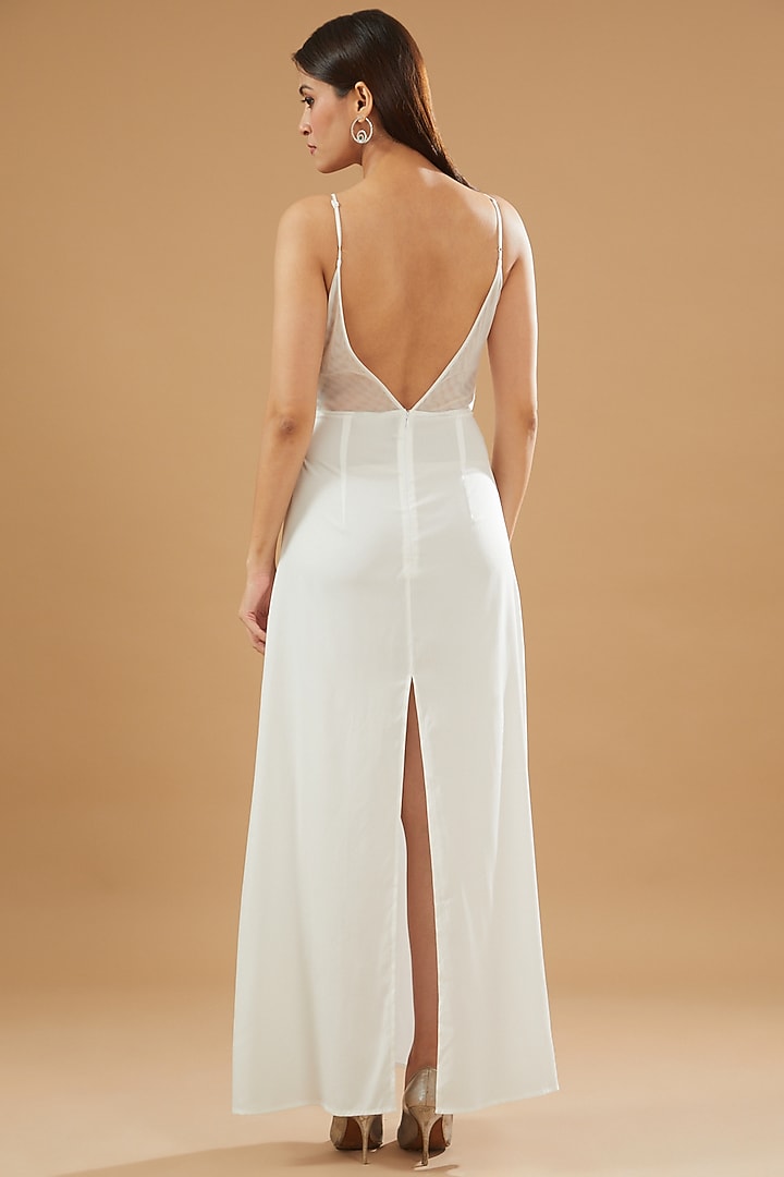 Ivory Tulle & Crepe Embellished Maxi Party Wear Dress by Not So Serious by Pallavi Mohan at Pernia's Pop Up Shop