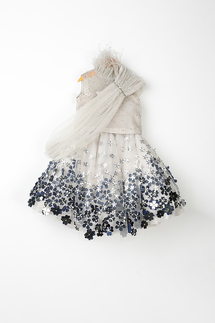 Grey Floral Embellished Lehenga Set For Girls by NSS Little Stars