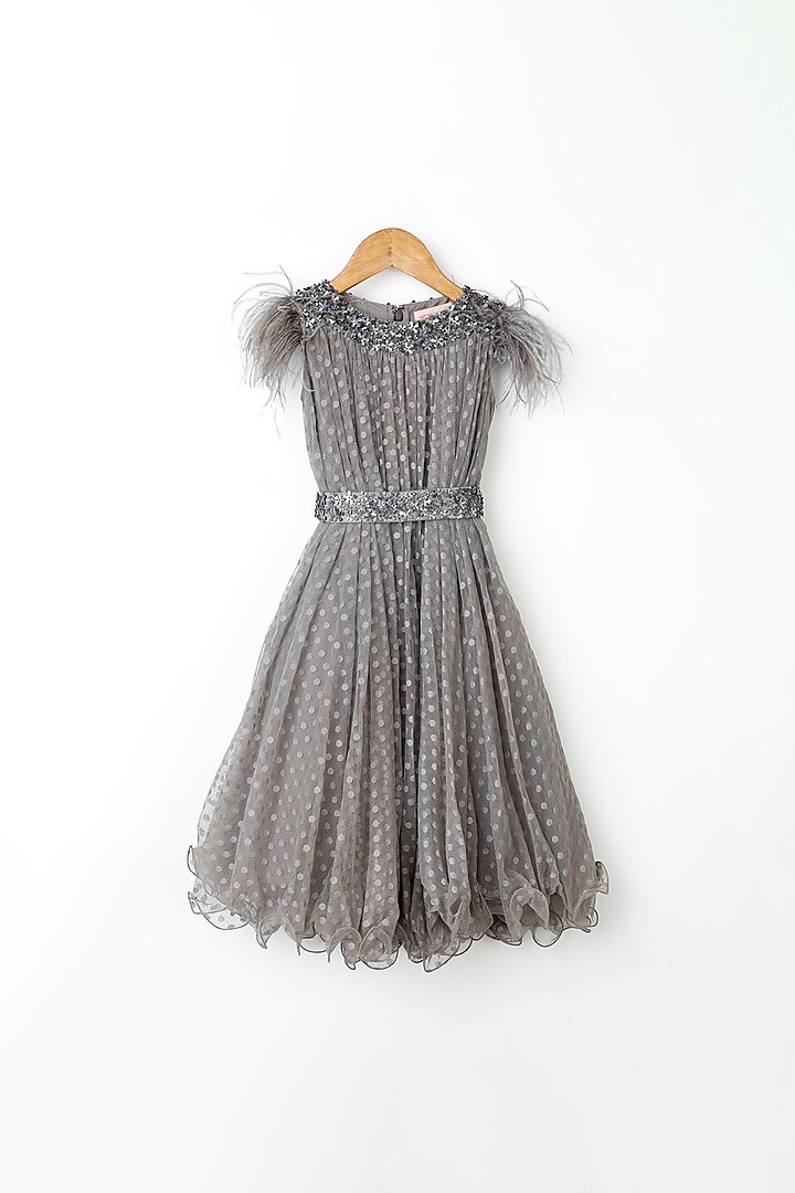 Grey Embroidered Dress For Girls by NSS Little Stars