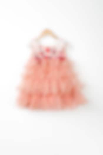 Peach Hand Embroidered Layered Dress For Girls by NSS Little Stars