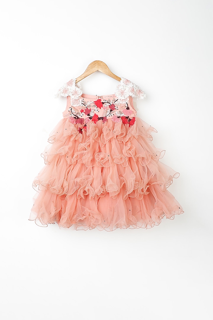 Peach Hand Embroidered Layered Dress For Girls by NSS Little Stars