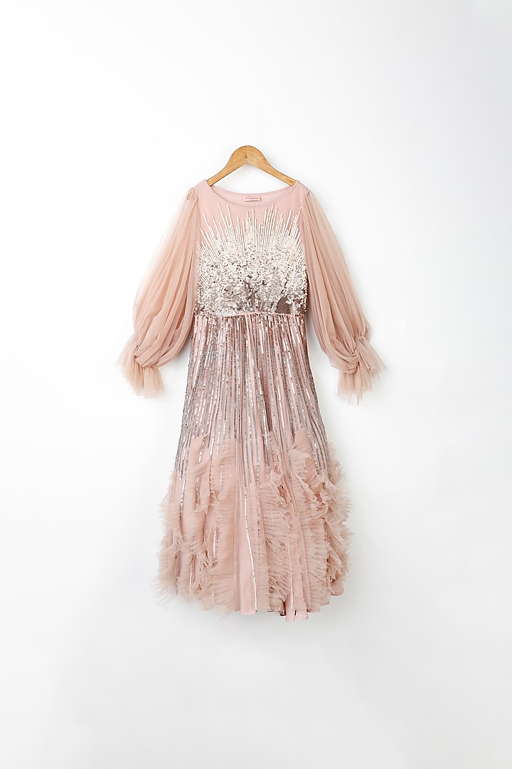 Dark Peach Embellished Dress For Girls by NSS Little Stars
