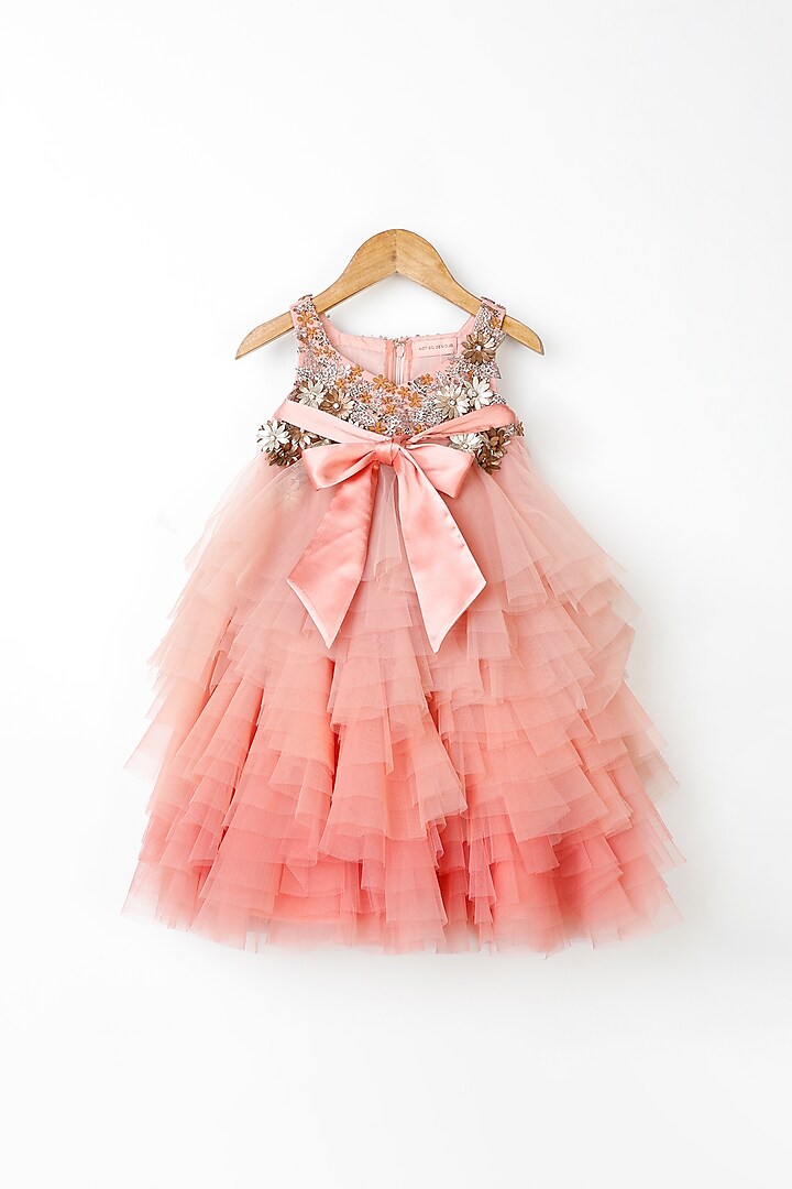 Peach Embellished Layered Dress For Girls by NSS Little Stars