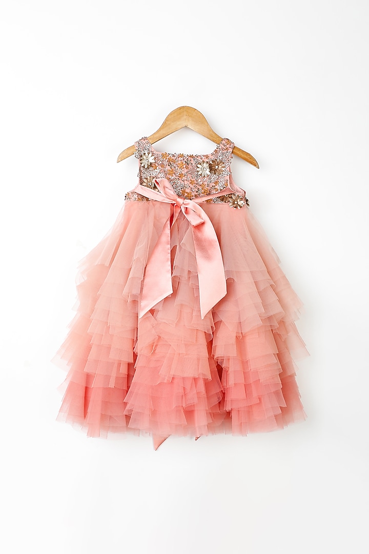 Peach Embellished Layered Dress For Girls by NSS Little Stars at Pernia's Pop Up Shop