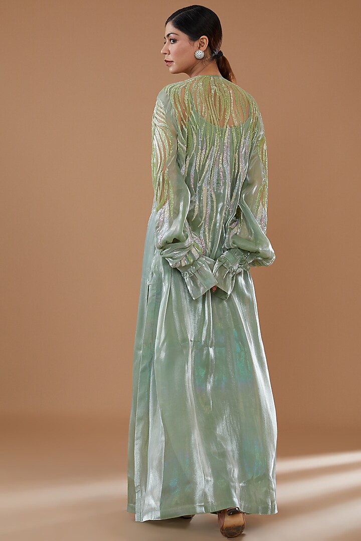 Mint Green Organza & Tulle Embroidered Jacket Party Wear Dress by Not So Serious By Pallavi Mohan at Pernia's Pop Up Shop