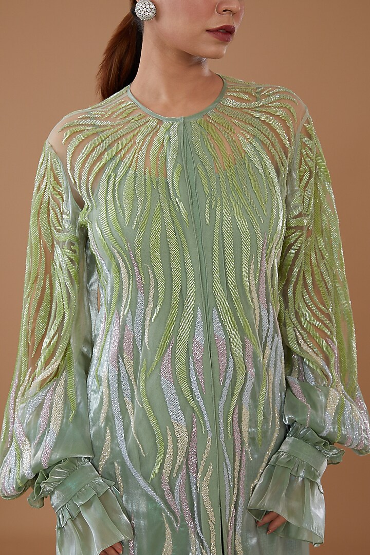 Mint Green Organza & Tulle Embroidered Jacket Party Wear Dress by Not So Serious By Pallavi Mohan at Pernia's Pop Up Shop