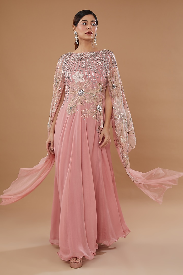 Pink Viscose Embroidered Kaftan Gown by Not So Serious by Pallavi Mohan at Pernia's Pop Up Shop