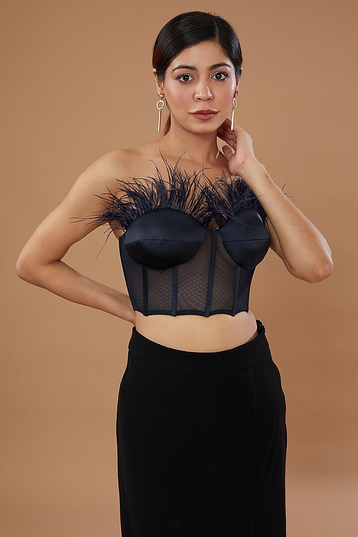 Navy Blue Tulle Viscose Corset Top by Not So Serious by Pallavi Mohan at Pernia's Pop Up Shop