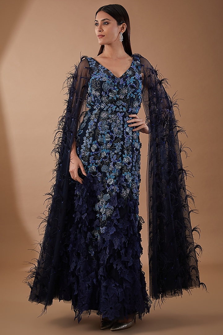 Blue Tulle & Crepe Embroidered Dress by Not So Serious by Pallavi Mohan at Pernia's Pop Up Shop