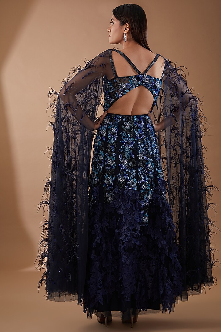 Blue Tulle & Crepe Embroidered Party Wear Dress by Not So Serious by Pallavi Mohan at Pernia's Pop Up Shop