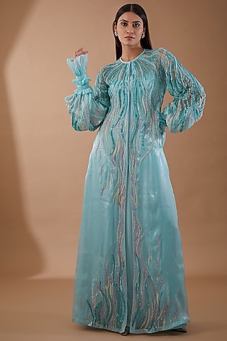 Blue Tulle & Crepe Embellished Dress by Not So Serious by Pallavi Mohan
