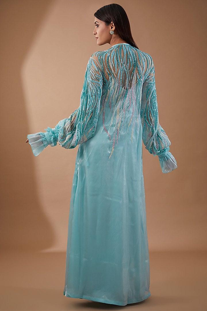 Blue Tulle & Crepe Embellished Party Wear Dress by Not So Serious by Pallavi Mohan at Pernia's Pop Up Shop