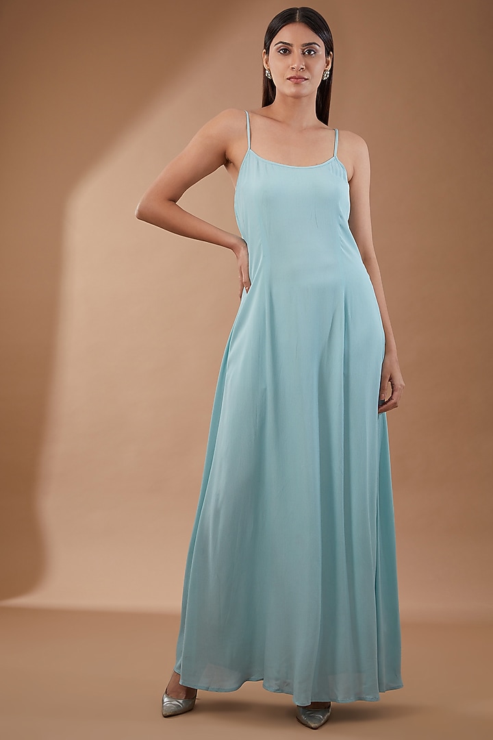 Blue Tulle & Crepe Embellished Party Wear Dress by Not So Serious by Pallavi Mohan at Pernia's Pop Up Shop