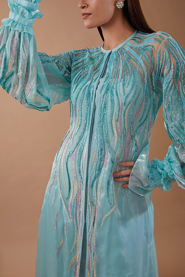Blue Tulle & Crepe Embellished Party Wear Dress by Not So Serious by Pallavi Mohan at Pernia's Pop Up Shop