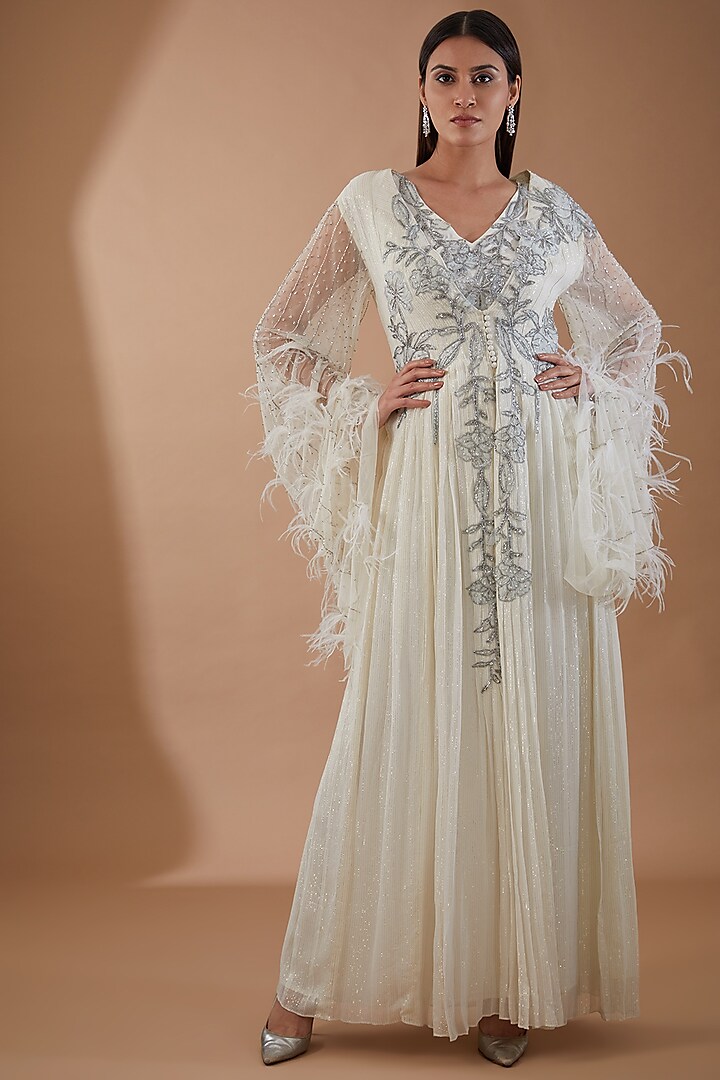 Ivory Tulle & Chiffon Embellished Jacket Set by Not So Serious by Pallavi Mohan at Pernia's Pop Up Shop