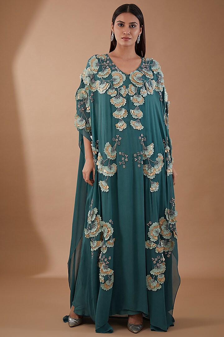 Green Georgette & Crepe Hand Embroidered Kaftan Dress by Not So Serious by Pallavi Mohan at Pernia's Pop Up Shop