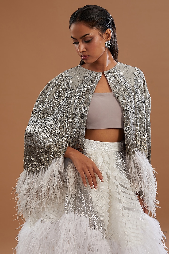 Grey Tulle & Viscose Sequins Embroidered Cape by Not So Serious by Pallavi Mohan at Pernia's Pop Up Shop