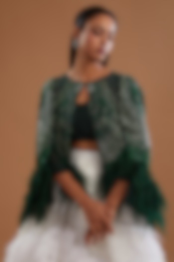 Emerald Green Viscose & Tulle Sequins Hand Embroidered Cape by Not So Serious by Pallavi Mohan at Pernia's Pop Up Shop