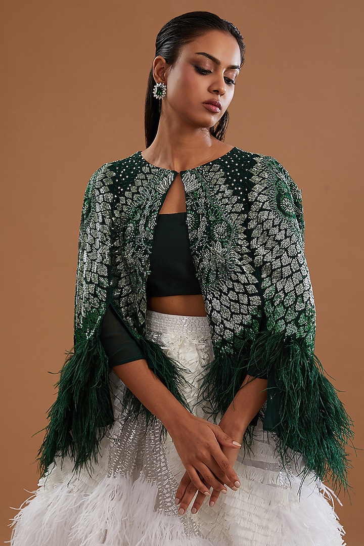 Emerald Green Viscose & Tulle Sequins Hand Embroidered Cape by Not So Serious by Pallavi Mohan at Pernia's Pop Up Shop