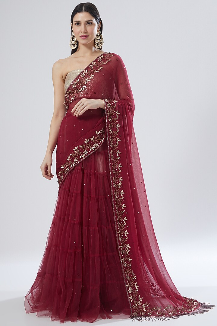 Magenta Embroidered Saree Set by Not So Serious by Pallavi Mohan