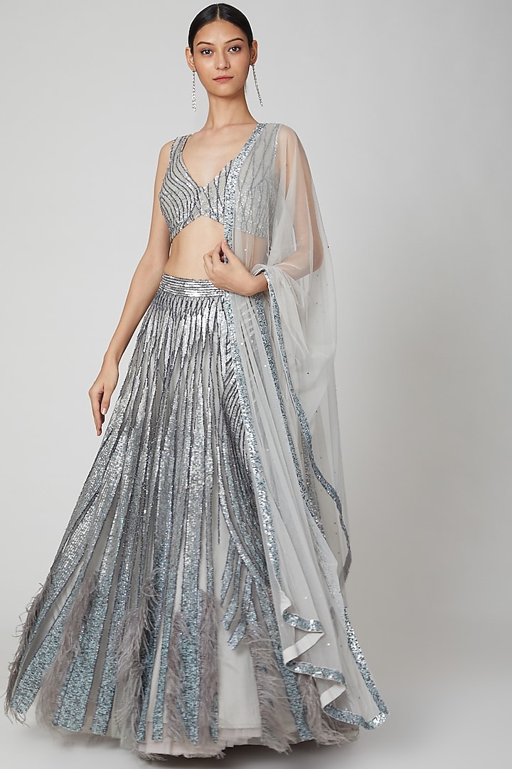 Light Grey Embroidered Lehenga Set Design by Not So Serious By Pallavi ...
