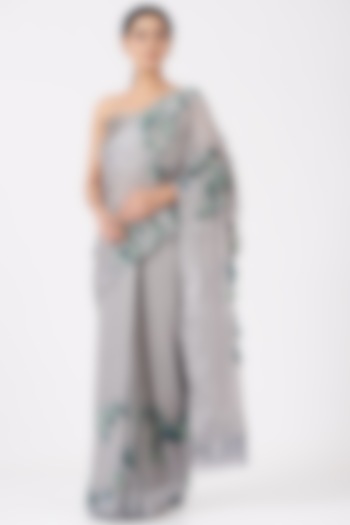 Light Grey Hand Embroidered Saree Set by Not So Serious By Pallavi Mohan