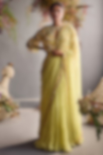 Yellow Hand Embroidered Jacket Saree Set by Not So Serious By Pallavi Mohan
