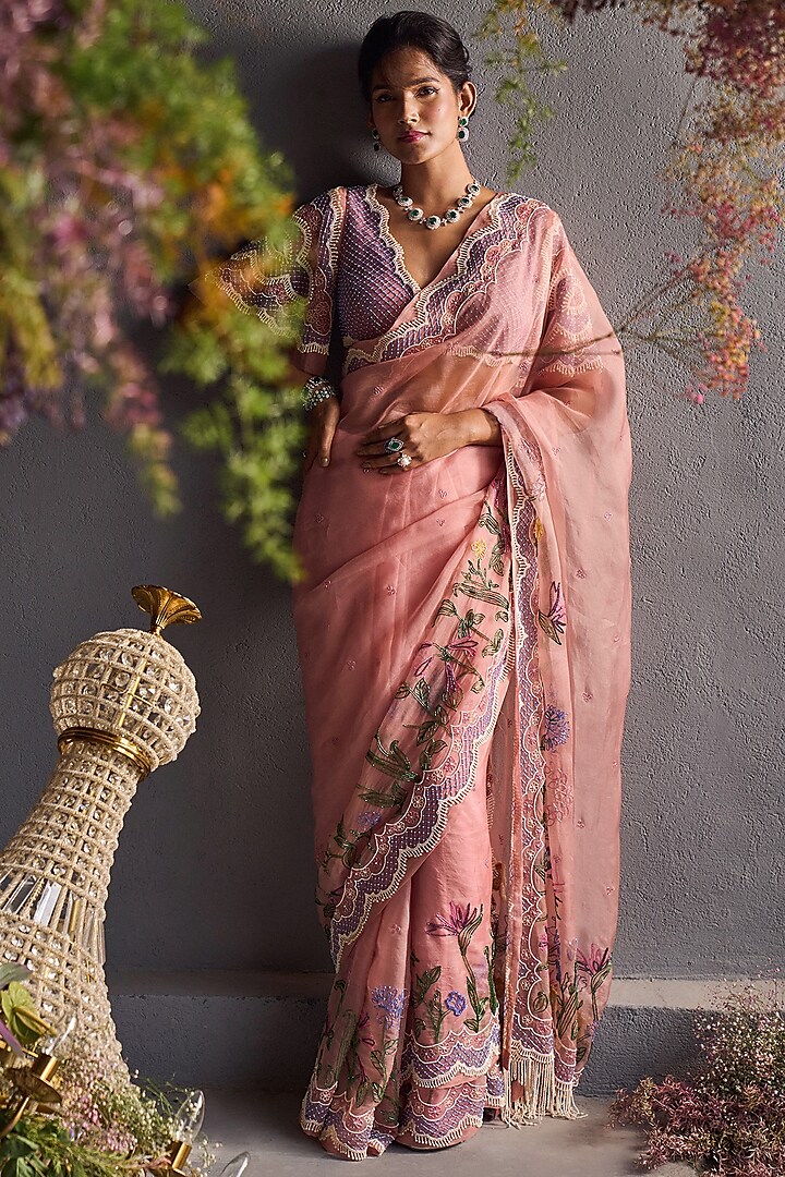 Old Rose Pink Hand Embroidered Saree Set by Not So Serious by Pallavi Mohan
