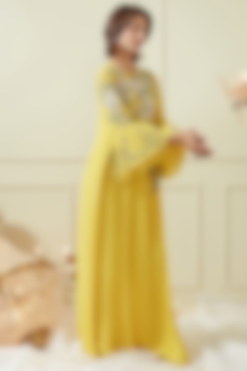 Yellow Hand Embroidered Maxi Dress by Not So Serious by Pallavi Mohan