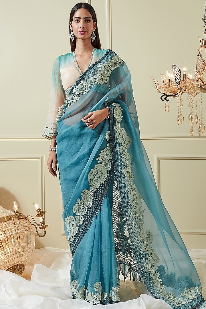 Teal Blue Applique Embroidered Saree Set by Not So Serious by Pallavi Mohan