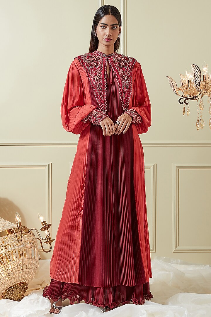 Rust & Maroon Embroidered Dress by Not So Serious by Pallavi Mohan