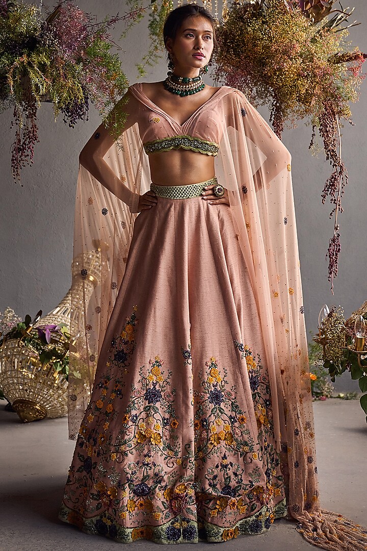 Old Rose Hand Embroidered Lehenga Set by Not So Serious by Pallavi Mohan