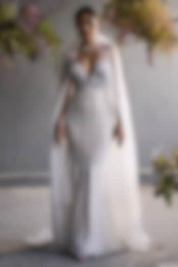 White Tulle Sequins Embroidered Wedding Gown With Veil by Not So Serious By Pallavi Mohan at Pernia's Pop Up Shop
