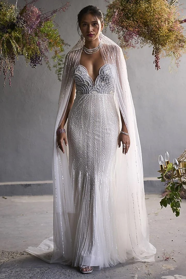 White Tulle Sequins Embroidered Wedding Gown With Veil by Not So Serious By Pallavi Mohan at Pernia's Pop Up Shop