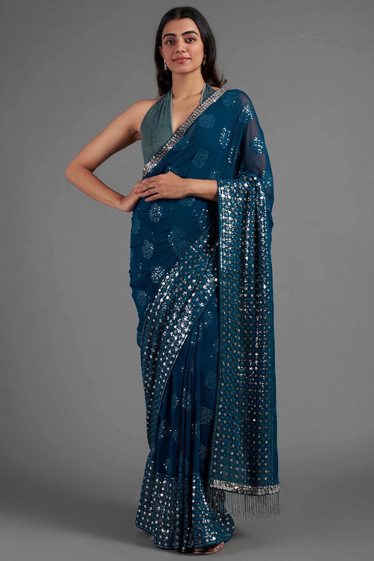 Teal Hand Embroidered Saree Design By Not So Serious By Pallavi Mohan ...