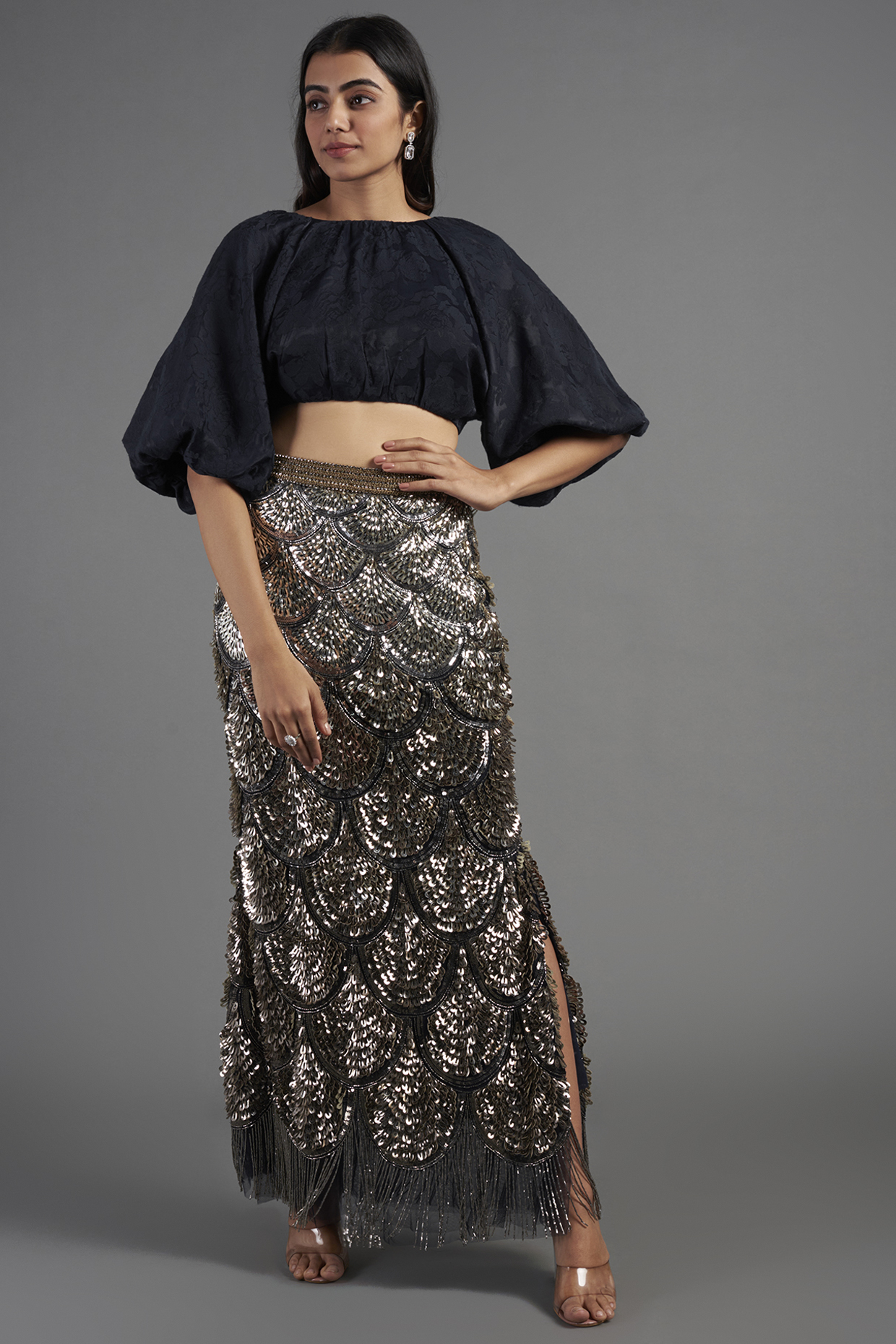 Black Jacquard Crop Top by Not So Serious By Pallavi Mohan