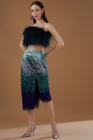 Navy Blue Tulle & Satin Lycra Embellished Cropped Top by Not So Serious by Pallavi Mohan