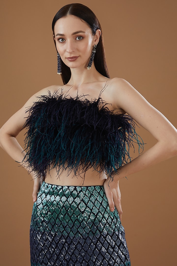 Navy Blue Tulle & Satin Lycra Embellished Cropped Top by Not So Serious by Pallavi Mohan at Pernia's Pop Up Shop